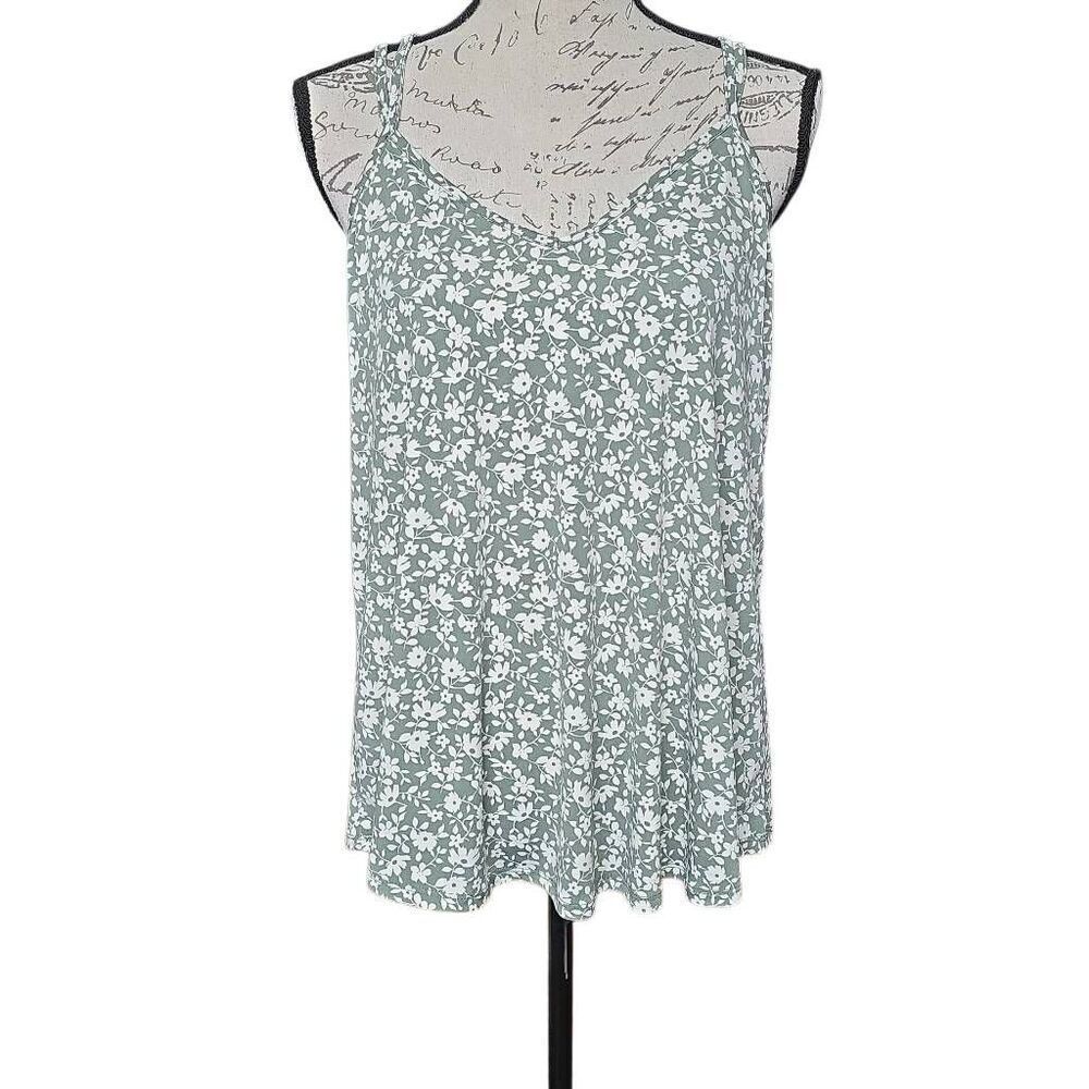 Papermoon Women's Size Large Olive Green White Floral Print Basima Knit Tank Top